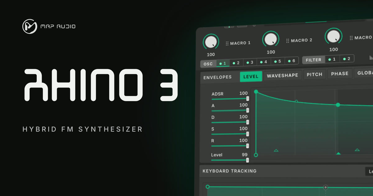 MAP Audio Rhino 3 hybrid FM synthesizer shown beside its oscillator envelope page